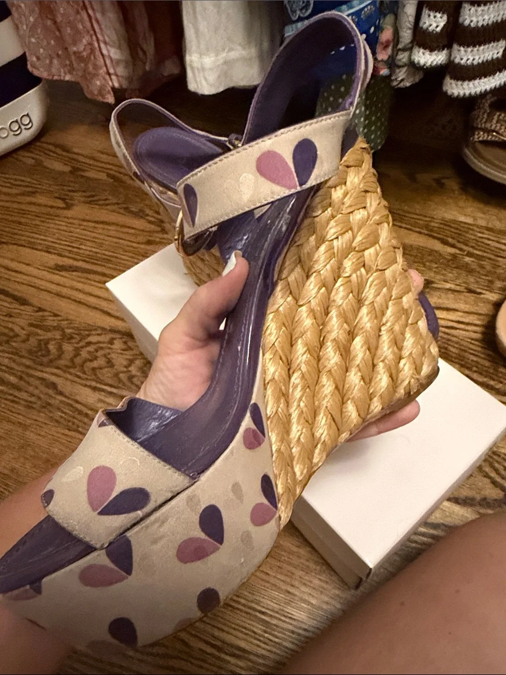 Louis Vuitton Purple and Cream Heart-Print Raffia Wedge Sandals